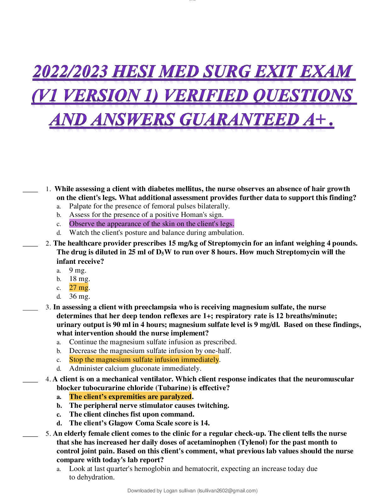 Preview image for 2022/2023 HESI MED SURG EXIT EXAM (V1 VERSION 1) VERIFIED QUESTIONS AND ANSWERS GUARANTEED A+ .